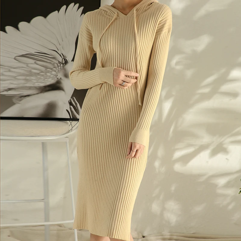 

Women's Cashmere Sweater 2020 Spring New Style Hooded Cashmere Pullover Mid-length Loose Dress Over-the-knee Sweater
