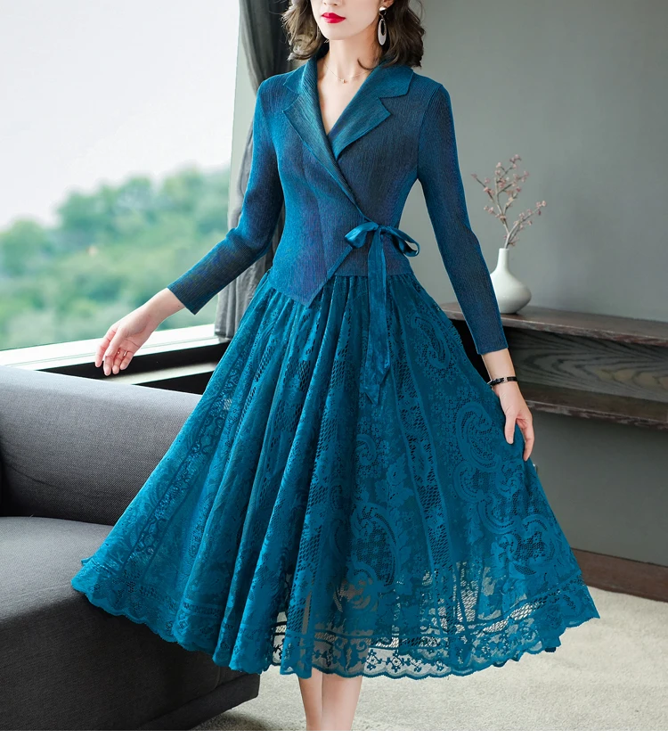 

Лидер продаж, плиссированное платье миаке с отложным воротником, однотонное кружевное плиссированное платье в наличии