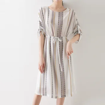 

Summer Dress 2020 New Women's High-quality Silk Dress Intellectual Elegant Vertical Print Silk Dress Mid-sleeved Dress The Dress