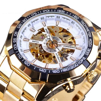 Winner Luxury Hollow Engraving Black Gold Case Leather Automatic Skeleton Mechanical Watches Men Luxury Brand Montre Homme Clock - Цвет: WhiteWhite