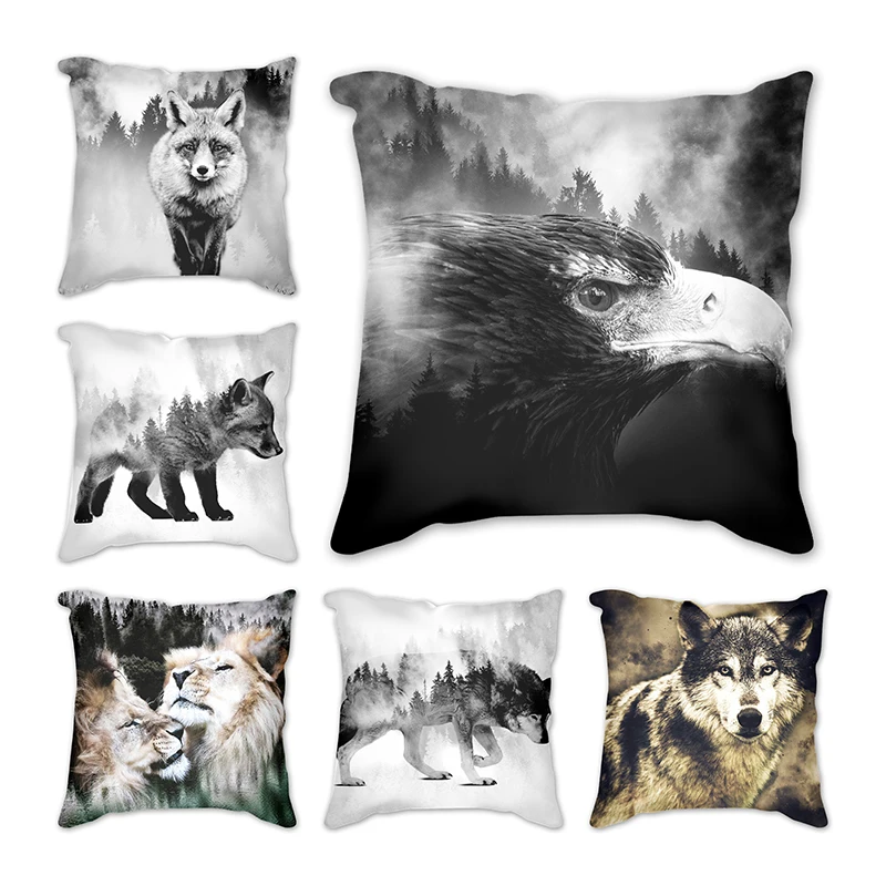 Cushion Cover Lion wolf tiger fox eagle Linen Pillowcase Home Office Sofa Car Pillow Case Decorative Pillows Covers 45cm | Дом и сад