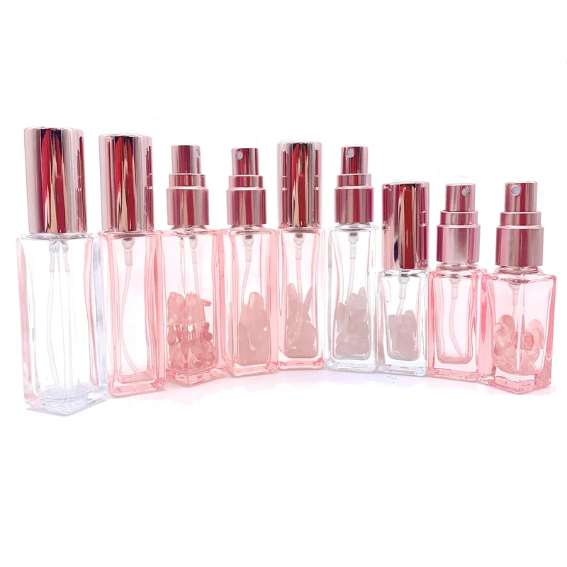 Rose Crystal Perfume Atomizer Pink Quartz Spray Bottle 5 ml 10 ml Pink Vial Refillable Sprayer with Rose Golden Lids 10pcs P273-0