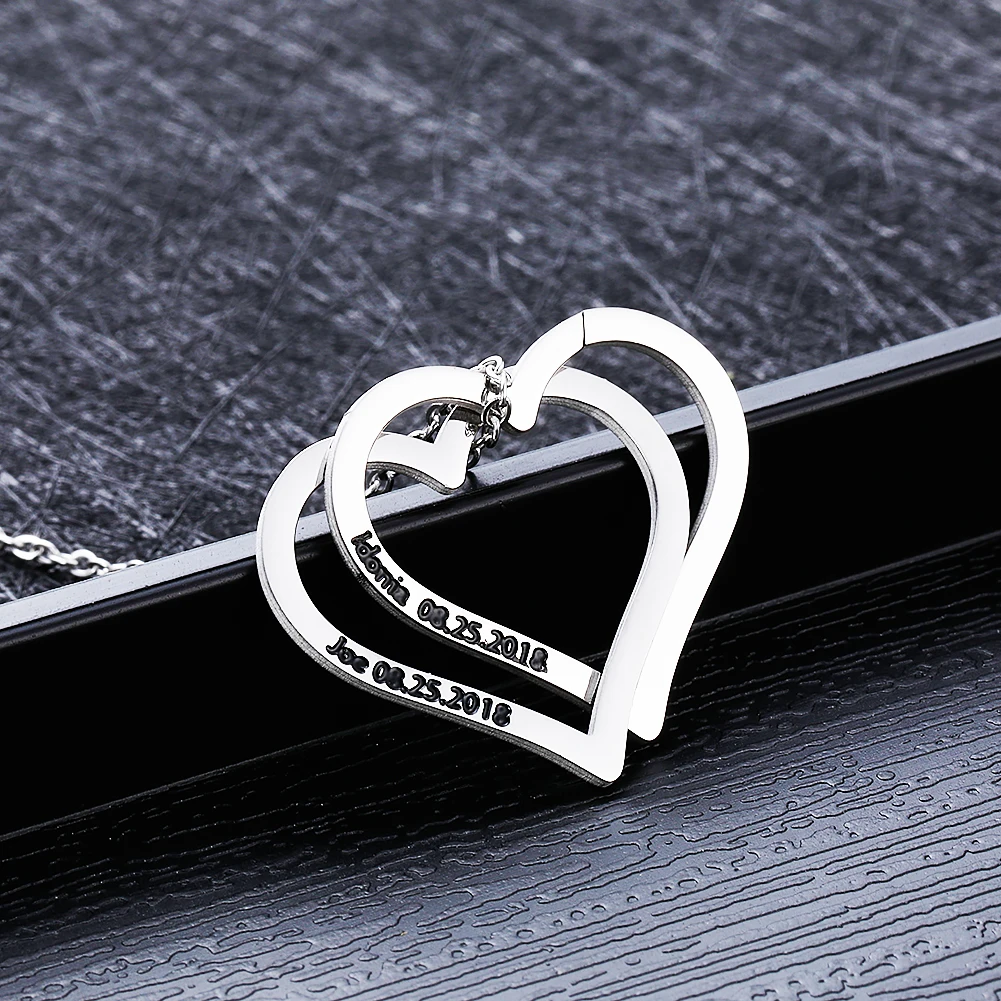 

Custom Name Necklace ,Geometric Double Heart Shap Stainless Steel Pendant Necklace for Loves Couples Statement Necklace Jewelry