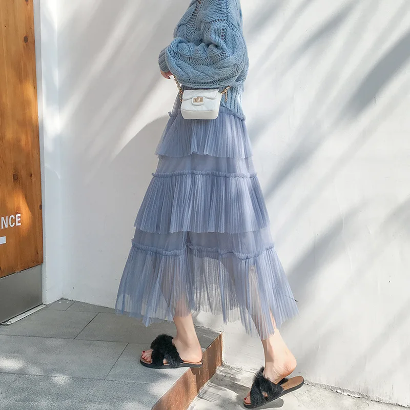 

INS Super Fire Pleated Gauze Cake Skirt Spring Women's 2019 New Style Multi-Level Mesh Dress Medium-length Dress