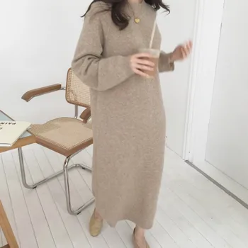 

YAMDI Korean Style Fashion Casual Runway Women Sweater Dress Female Woman Knitted Warm Solid Autumn Winter Midi Dress High Waist