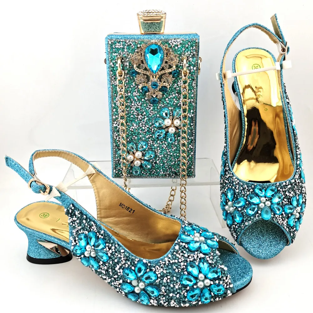 

Elegant Sky Blue Mid-Heel 5CM Women Shoes Match Handbag African Dress Pumps And Bag Set MD1821