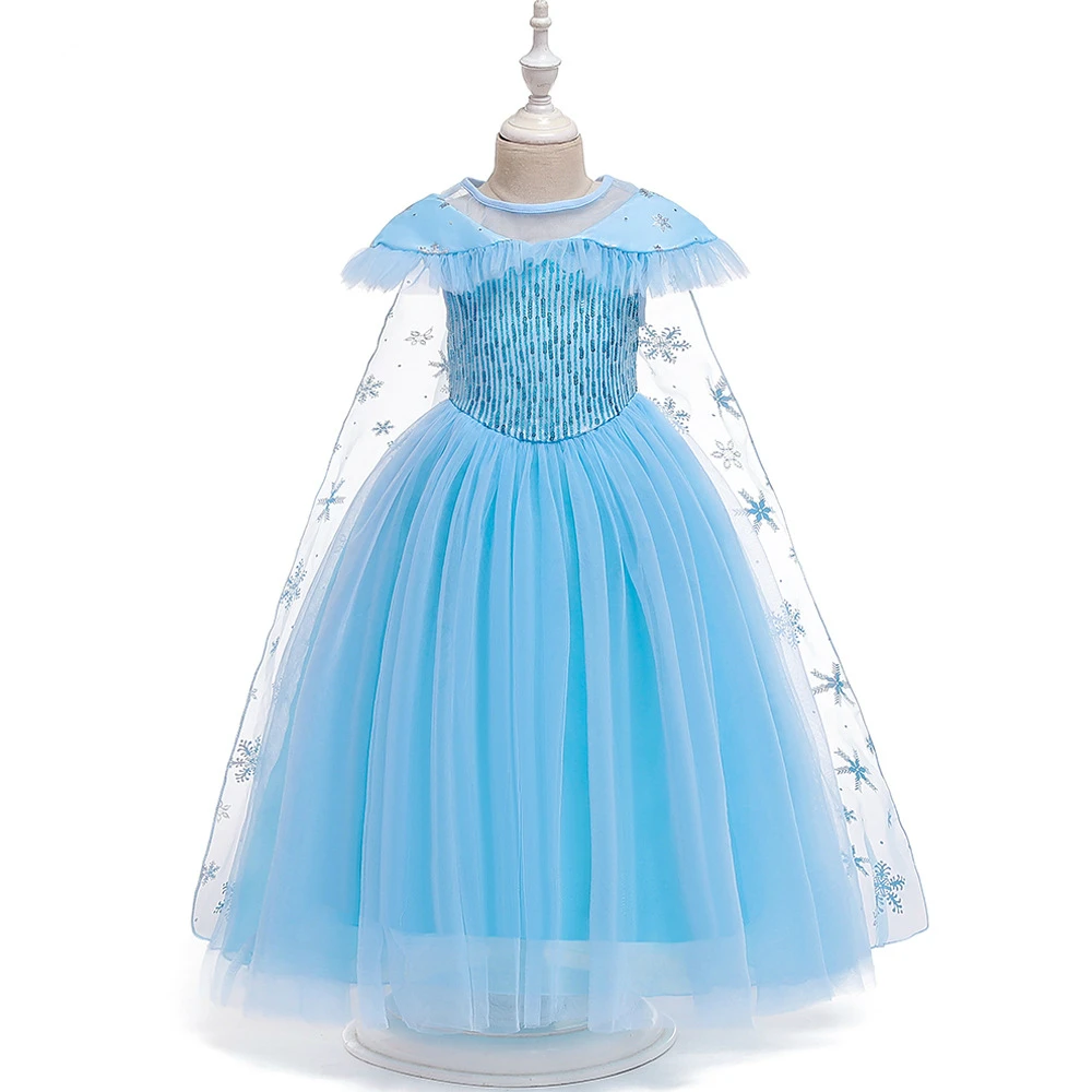

Children Magic Elsa Dress With Snowflake Cape Sequins Ankle Length Girls Cosplay Party Birthday Fantasy Princess Clothing
