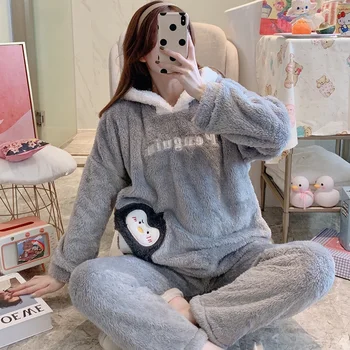 

Ladies cartoon print pajamas can be worn outside pajamas 2 sets of coral fleece hooded collar home service 2020 winter flannel