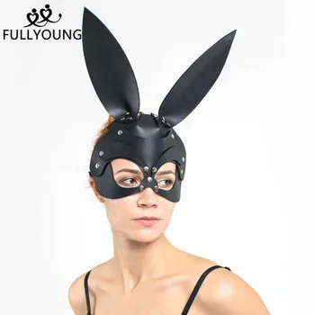 

Fullyoung Vogue Women Sexy Mask Leather Long Ears Actors Props Black Carnival Party Rivet Face Guard Carnival Fancy Fetish Toy