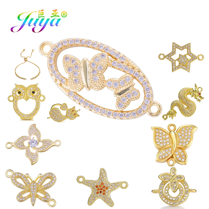 

Juya Micro Pave Zircon DIY Jewelry Findings Flower Dragon Star Butterfly Charm Connectors For Bracelets Earrings Jewelry Making