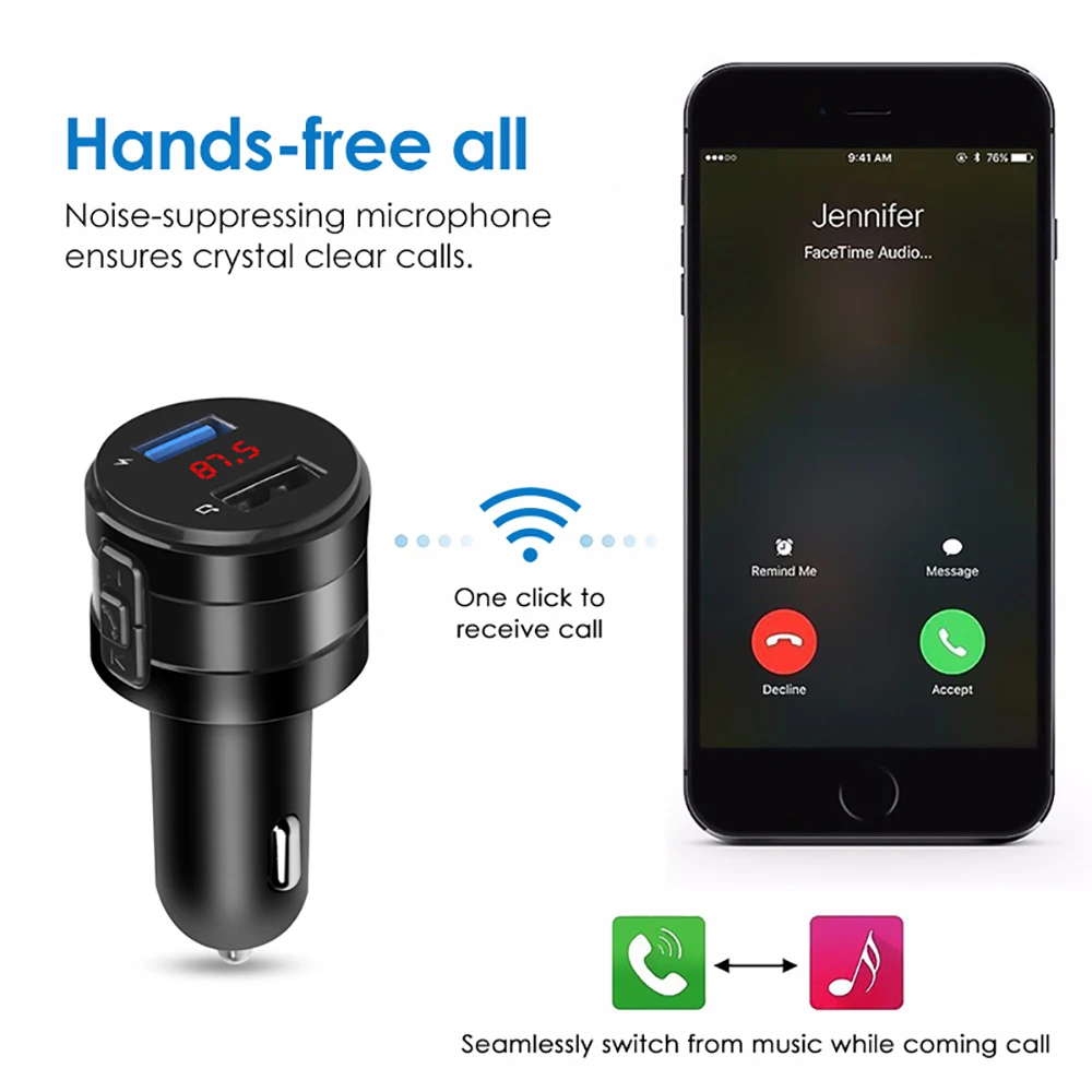 VicTsing FM Bluetooth Transmitter Car 3.1A Wireless AUX Transmitter Receiver MP3 Music Player Car Kit Radio Adapter Hands-Free (4)