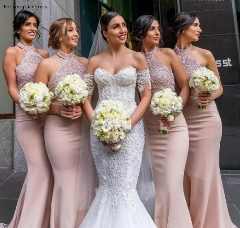 Hot Sale Dusty Pink Bridesmaid Dresses 2018 Elegant Halter Neck Appliqued Mermaid Long Maid Of Honor Formal Wedding Guest Gowns Evening  102 (2)