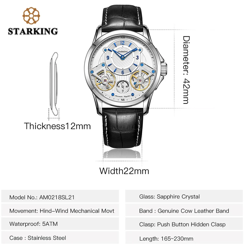 STARKING, мужские часы, Лидирующий бренд, роскошные, с двойным Tourbillon, кожа, деловые часы для мужчин, водонепроницаемые, с задним ветром, Стальные наручные часы
