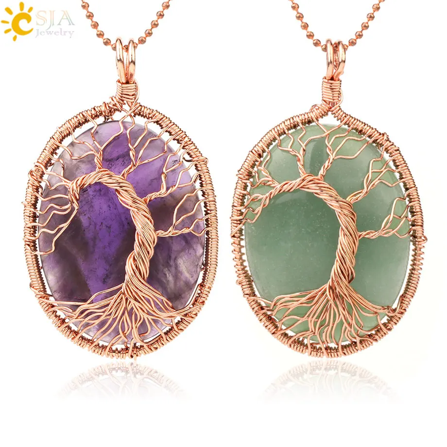 

CSJA New Arrival Natural Stone Pendant Wire Wrap Tree of Life Egg Shape Cabochon Crystal Handmade Crafts Women Men Necklace G198