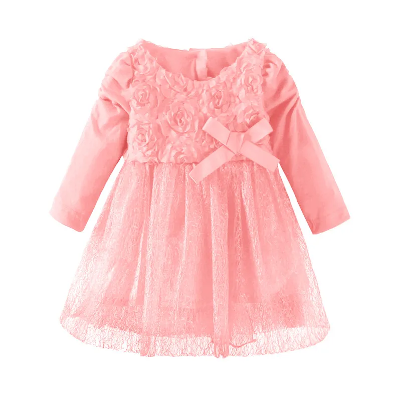 Mudkingdom детский для девочек, кружевное платье в цветочек с длинным рукавом Вечерние осенняя одежда в стиле принцессы с бантом - Цвет: Pink