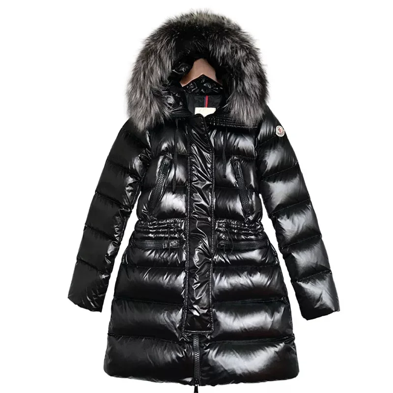

2019 New Women White Duck Down Long Warm Coat Fox Fur Collar Drawstring Waist Hooded Thick Down Jacket