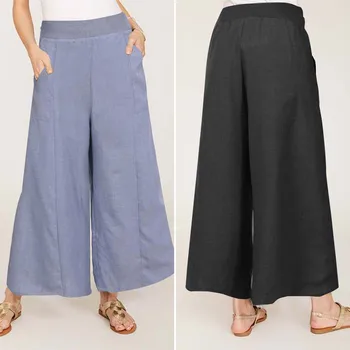 

Women Wide Leg Pants ZANZEA 2020 Summer Solid Trousers Female Casual Elastic Waist Pantalon Lady Pockets Bottoms Streetwear 5XL