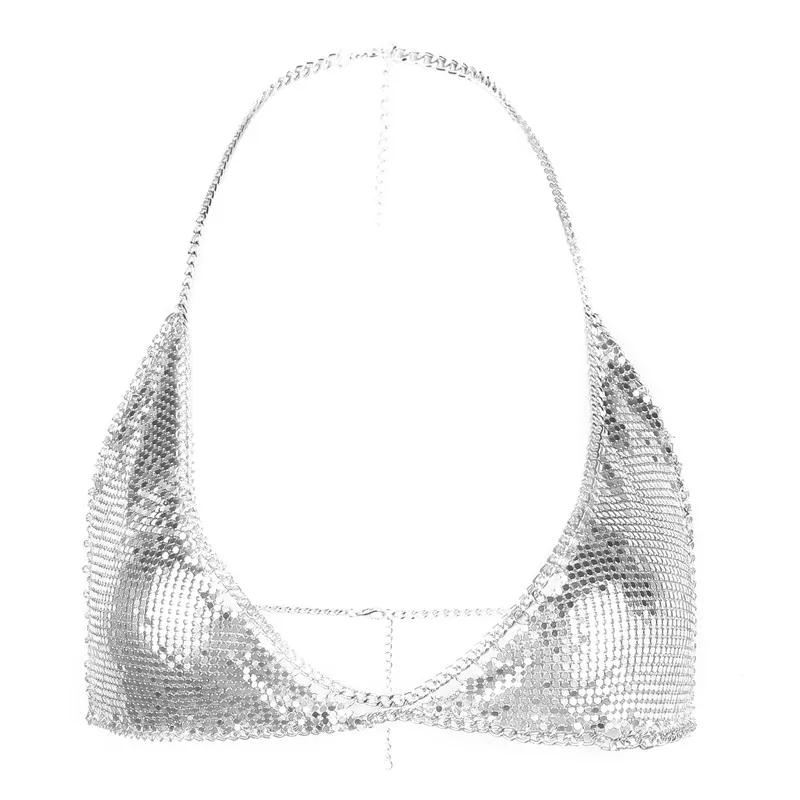 Silver Сексуальная Женская мода бикини Грудь Регулируемая цепь бюстгальтер топы блестящий алюминиевый Холтер треугольная цепочка бюстгальтер ожерелье Летний Бикини Топ - Цвет: Silver
