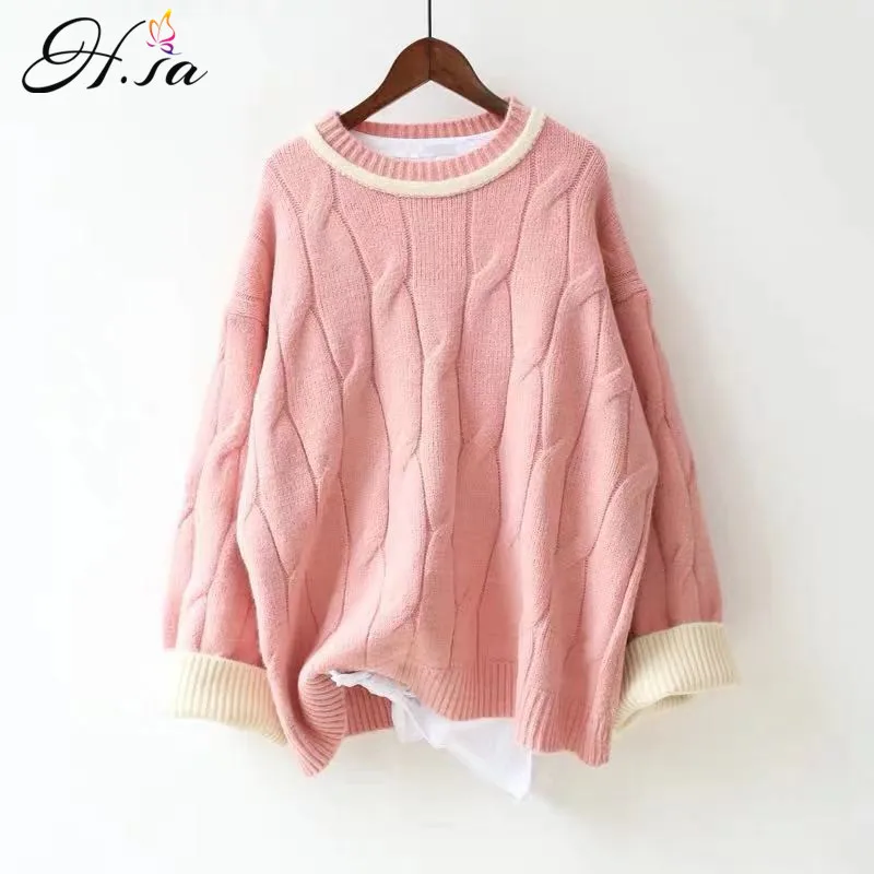 

H.SA New Arrivals 2019 Winter Casual Pull Sweaters Twisted Long Oversized Jumpers Candy Color pink Jumpers Knitted Pull Femme