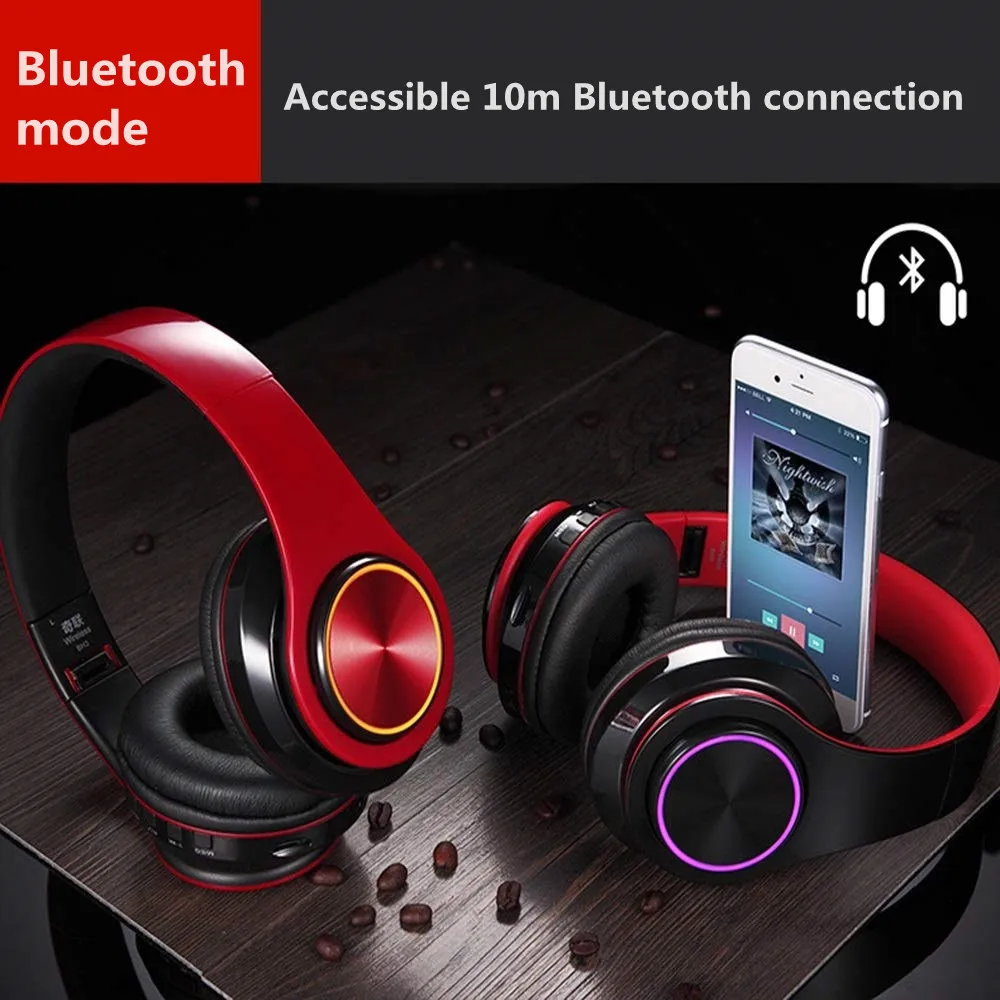 Складные Bluetooth наушники беспроводные HiFi стерео, перезаряжаемое светящийся светодиодный Спортивная гарнитура игровые Вкладные наушники головные уборы с микрофоном
