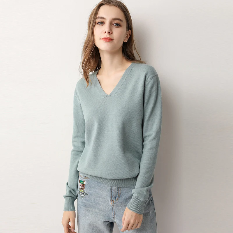 Autumn winter new thin sweater women's low collar loose v-neck knit bottoming shirt female pullover tops