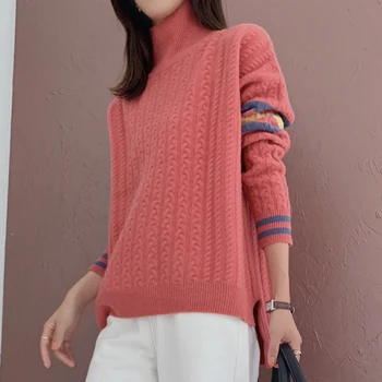 

100% wool 2019 autumn and winter new sets of high-necked pure wool sweater women thickening twisted lazy drop shoulder sweater