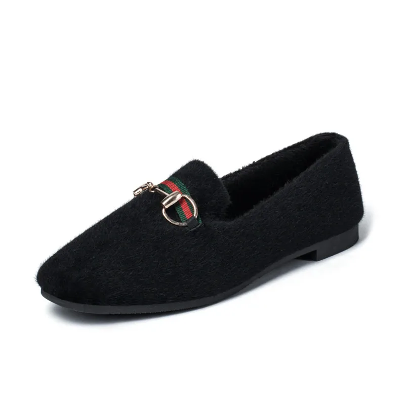 Черный Women Fur Moccasins Female Winter Fluffy Plush Warm Ballet Flat Loafers Ladies Casual Slip On Fashion Comfort Shoes - Цвет: Черный