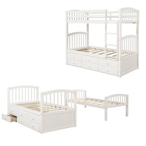 Twin Bunk Bed With Ladder Safety Rail Twin Trundle Bed With 3 Drawers For Kids, Teens Bedroom Guest Room Furniture Children Beds
