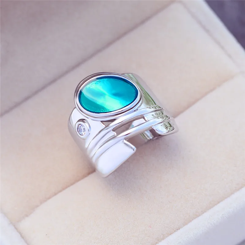 Винтаж Большой зеленый синий камень палец кольцо роскошный женский мужской серебряный цвет обручальное кольцо модное обещание на помолвку кольца для женщин