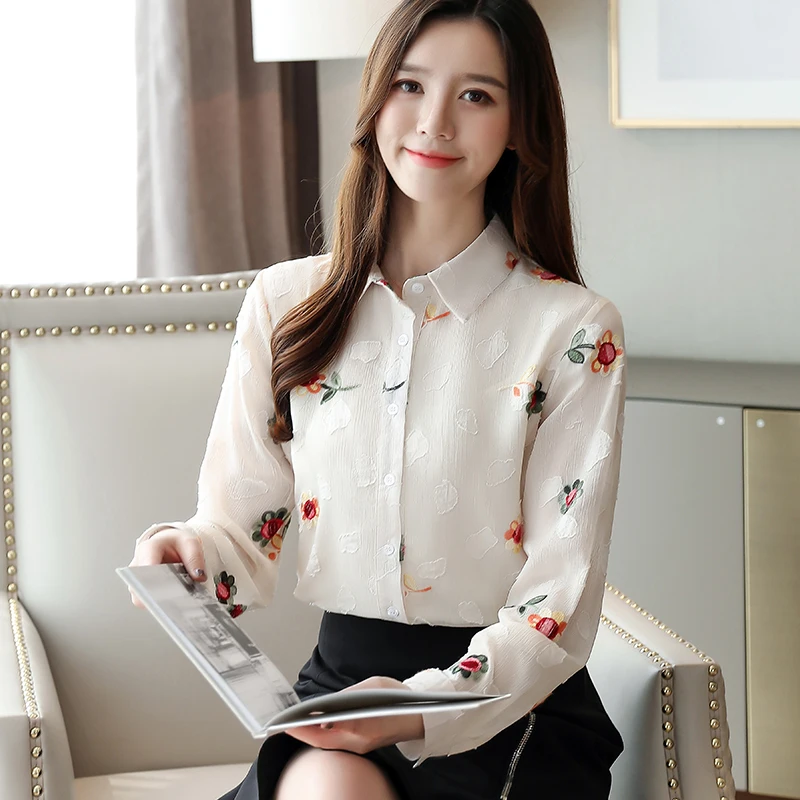 Новое поступление, осенняя рубашка, женские топы с принтом, Blusas Mujer De Moda,, модная вышивка, длинный рукав, офисные женские топы, 7128 50
