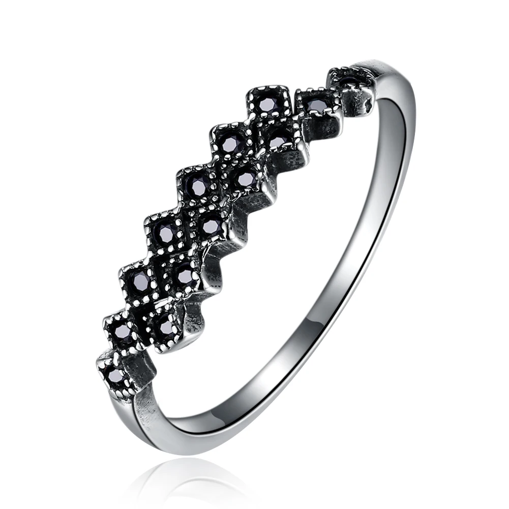 SILVERHOO 925 Sterling Silver Vintage Rings For Women Geometry Square Black Cubic Zirconia Finger Ring Designer Original Jewelry