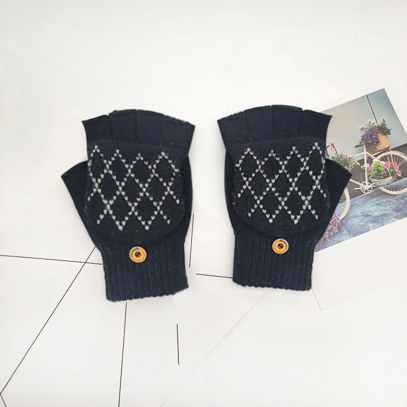 

2020 Black Knitted Fingerless Gloves Men Women Autumn Winter Checkered Outdoor Stretch Elastic Warm Half Finger Cycling Gloves