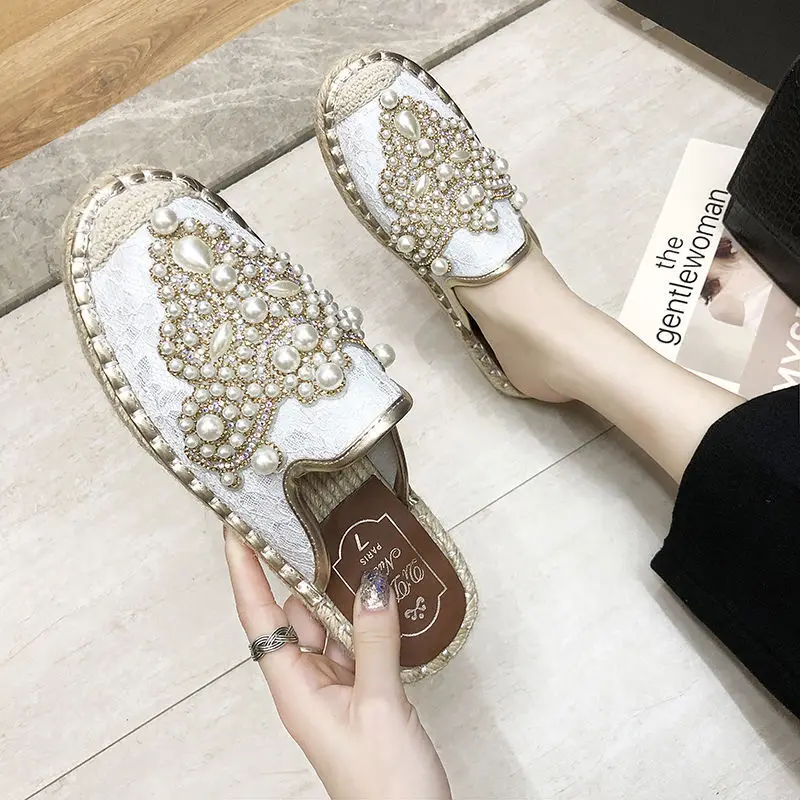 Timalina Women Slippers String Bead Half Shoes Hemp Flat Heel Round Toe Mules Fashion Casual Spring/autumn | Обувь