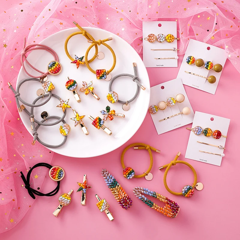 

1-3Pcs/set Rainbow Color Hairpins Geometric Elastic Rubber Bands Barrettes Headwear Set Round Hair Clips Hair Bands For Women