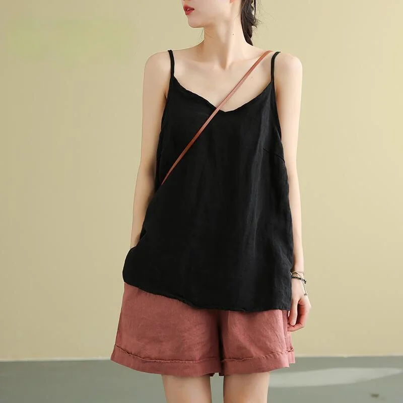 Women's Summer Top Cotton Linen Spaghetti Strap Top Women Halter V Neck Basic Yellow Sleeveless Tank Tops Loose Casual Camis 3