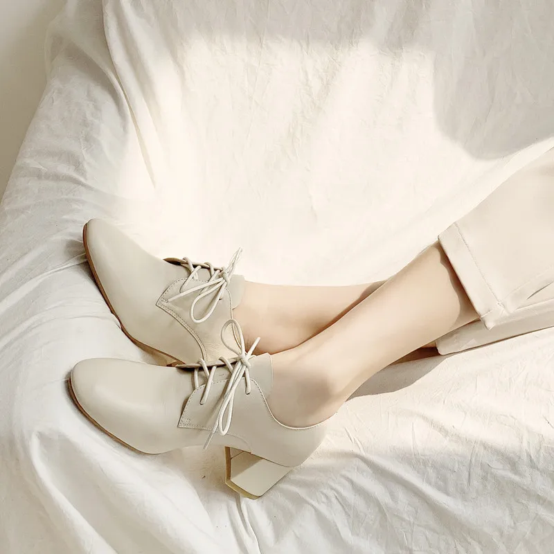 

Inside And Pure Leather Soft round-Toe White Shoes 2019 Spring And Autumn New Style in Chunky Heel Brogue Shoes England WOMEN'S