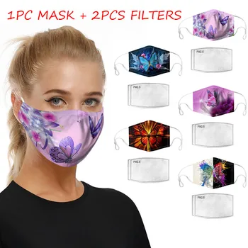 

1PC Adult Printed Face Cover Windproof Foggy Haze Mouth Muffle PM2.5 Mask With 2PC Safety Filters Reusable Protective Mascarilla