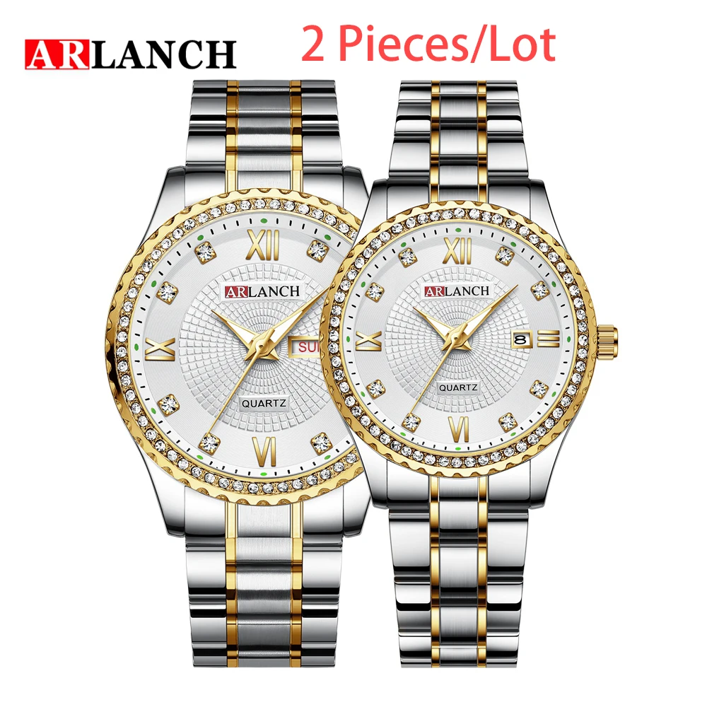 

ARLANCH 2 Pcs Per Lot New Style Lovers Romantic Diamond Luxury Wristwatch Week Calendar Stainless Steel Waterproof Watches