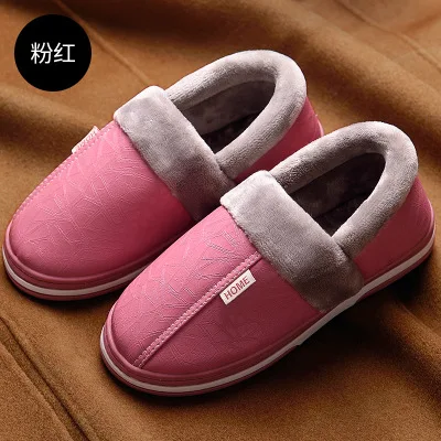 Шлепанцы с пенным наполнителем с эффектом памяти для мужчин; большие размеры 45-49; теплые Нескользящие зимние кожаные домашние тапочки; Мужская Высококачественная обувь для дома - Цвет: Pink 2