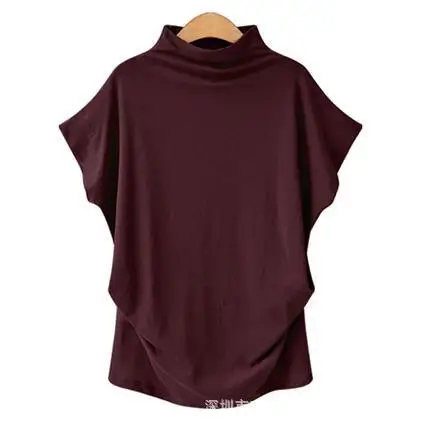 7XL размера плюс Топы женские футболки повседневные футболки с высоким воротом и коротким рукавом женские модные офисные тонкие сарафаны футболки черные - Цвет: Бургундия