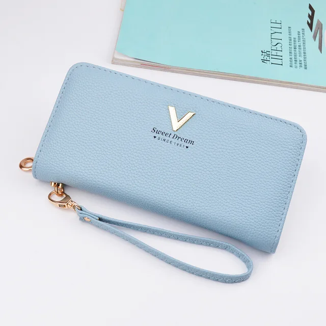 2021new ladies pu leather long wallet zipper wallet women fashion high-quality large-capacity mobile phone bag card bag wallets Blue