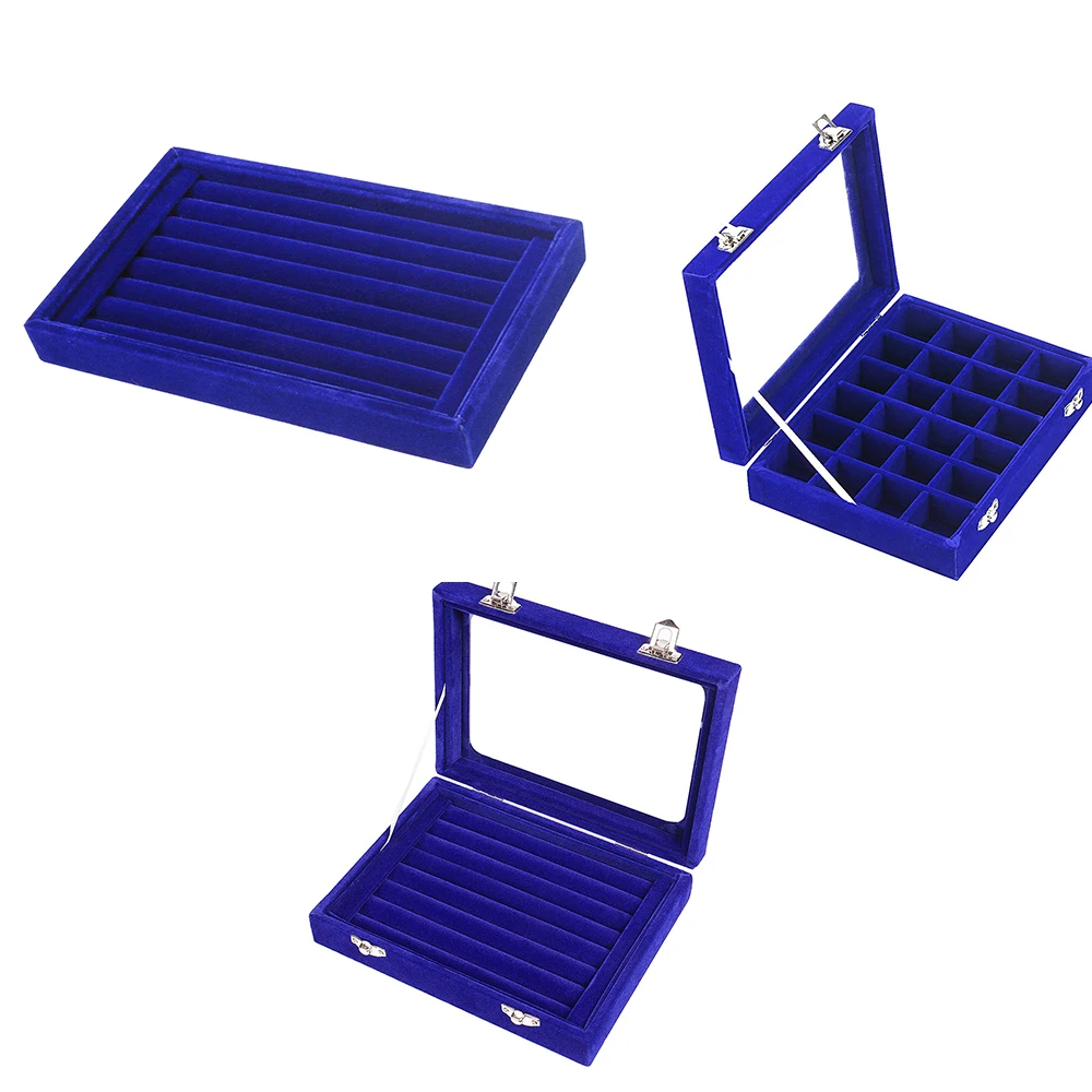 

24 Grids 7 Slots Velvet Glass Ring Case Display Box Jewelry Holder Storage Organizer Case Earring Tray Bracelet Showcase-Blue