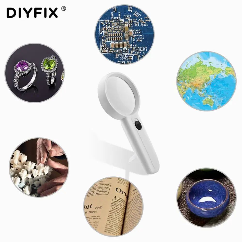 DIYFIX 4X Оптическая лупа ручная для чтения увеличительное Оборудование для ремонта часов и ювелирных изделий с Стекло с 2 светодиодный свет эргономичная ручка(аккумуляторы в комплект не входят
