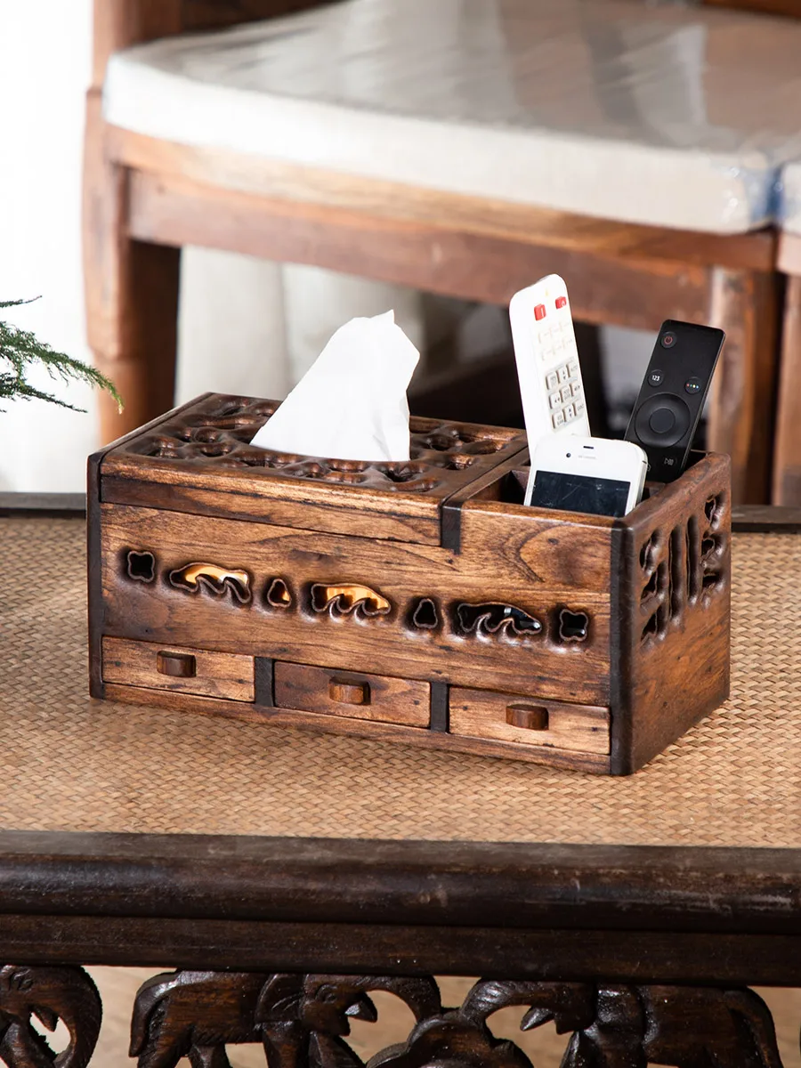 

Retro hollow wooden desktop classical tissue box Living room with drawer remote control wooden finishing storage boxs