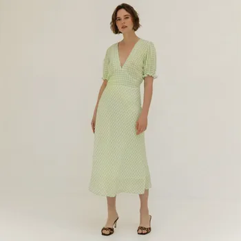 

Vintage Green Plaid Dress WOmen V neck SHort Sleeve Slim Long Mermaid Dress 2020 SUmmer Elegant Fish Tail Midi Party Dress