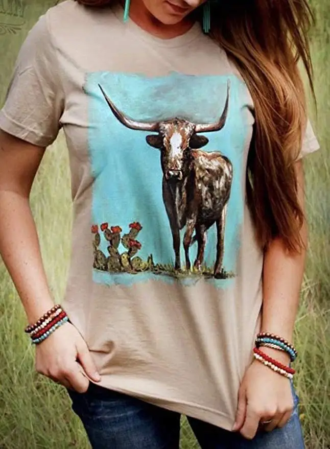 Западный Bison печатных футболки женские Западный стиль пустынный кактус повседневные футболки