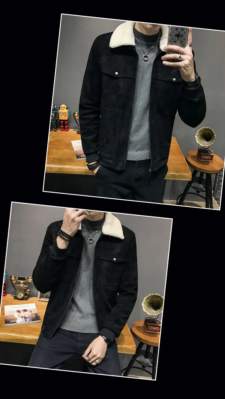 Г. nueva chaqueta de cuero de ante forrada de algodón para invierno con capucha cuello de abrigos de piel sinttetica Hombre Abr