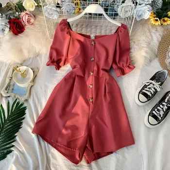 

Rompers Women Summer Streetwear Jumpsuit Korean Slash Neck Short Sleeve Back Zipper Elegant Romper Female Casual Short Bodysuit