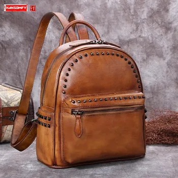 

Vintage Genuine Leather Women's Backpack Small Backpacks Rivet Shoulder Bag Ladies Schoolbags First Layer Cowhide New Female
