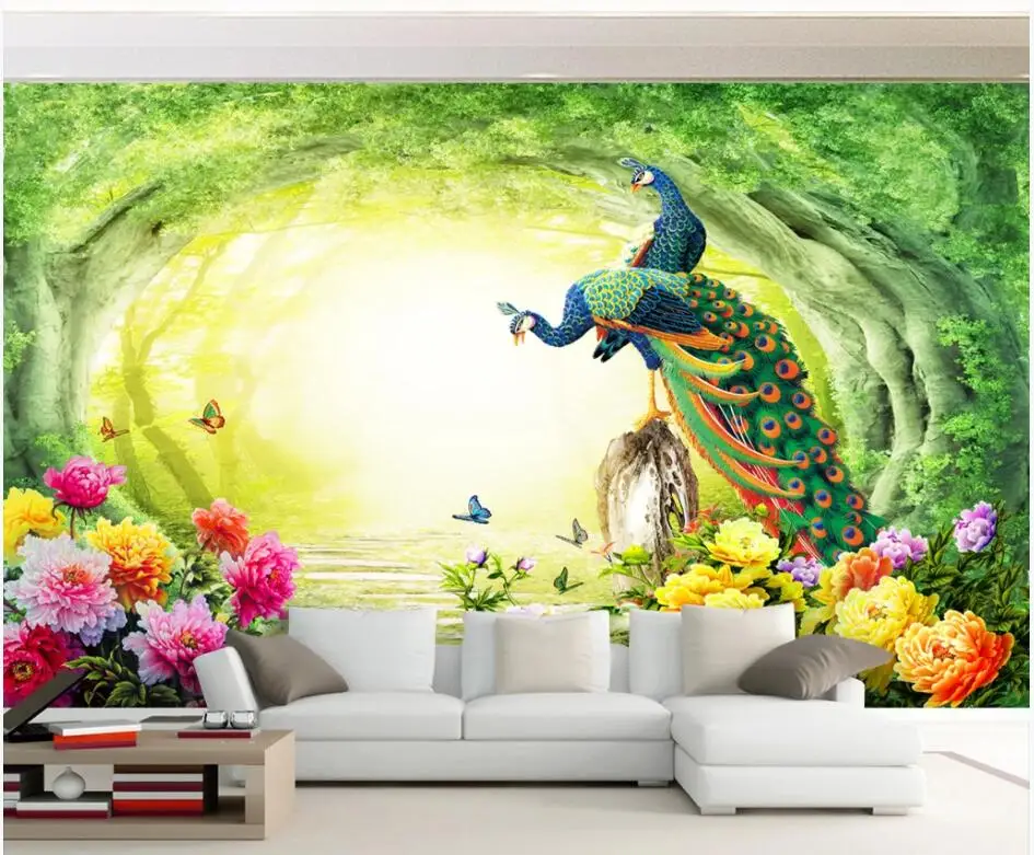 

WDBH Custom photo mural 3d wallpaper Chinese Peony Flower Peacock Fantasy Forest home decor living room wallpaper for walls 3d